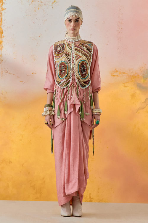 Shell Pink Mural Zuri Gilet with Kurta and Skirt Set