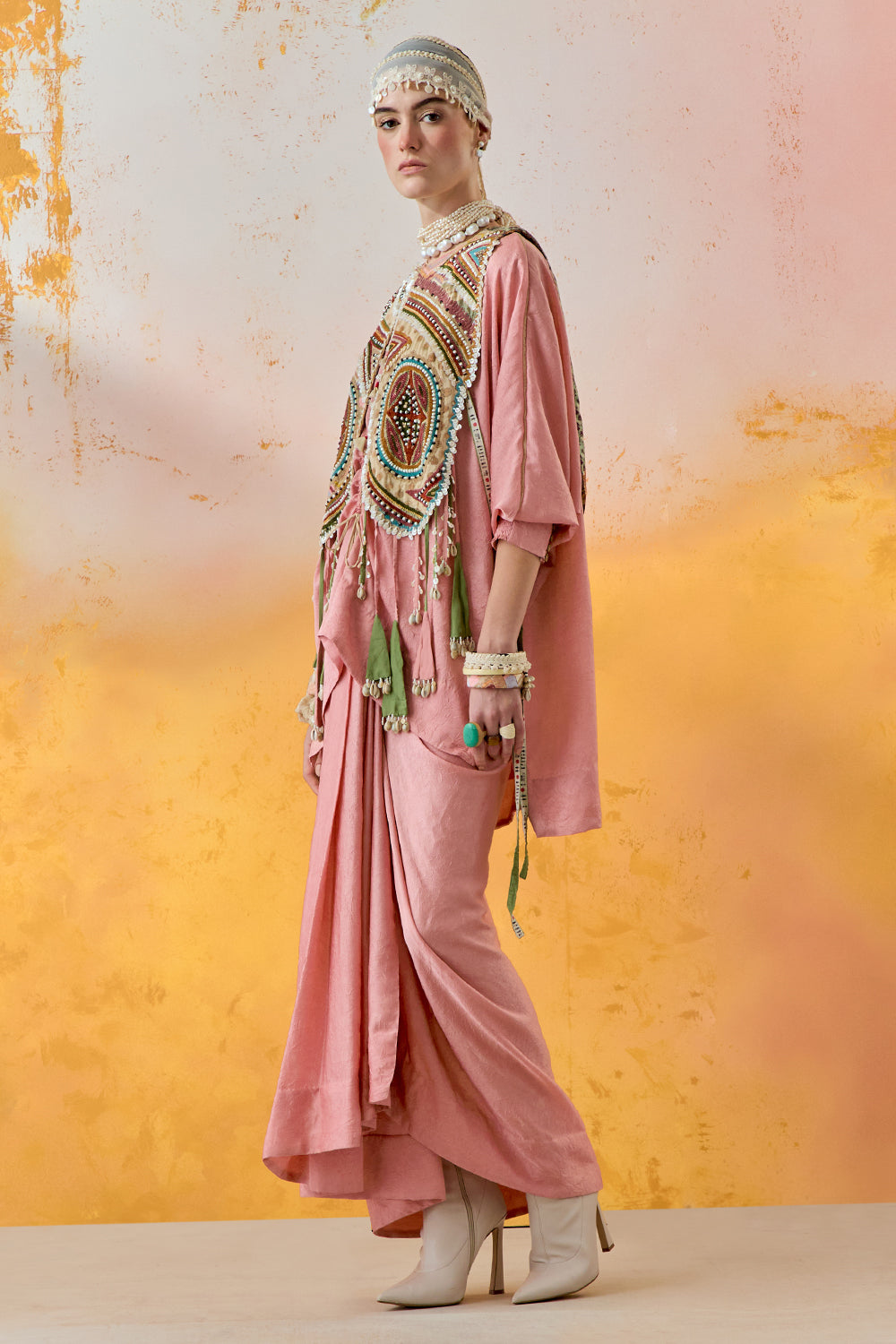 Shell Pink Mural Zuri Gilet with Kurta and Skirt Set