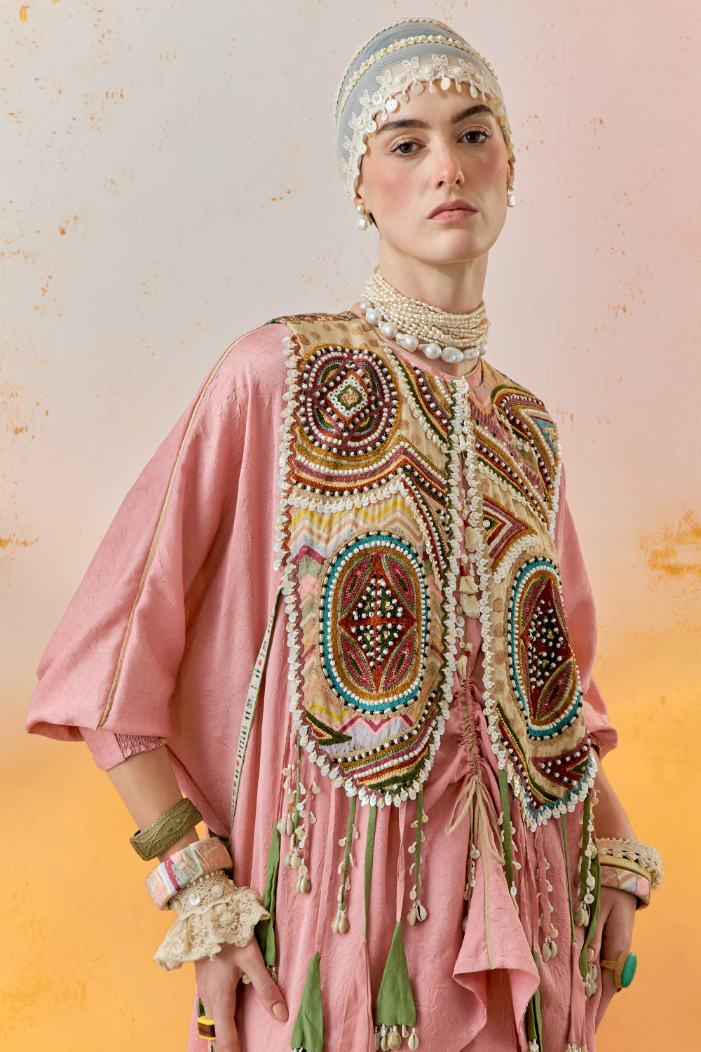 Shell Pink Mural Zuri Gilet with Kurta and Skirt Set