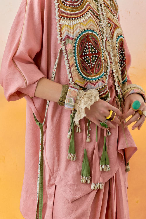 Shell Pink Mural Zuri Gilet with Kurta and Skirt Set