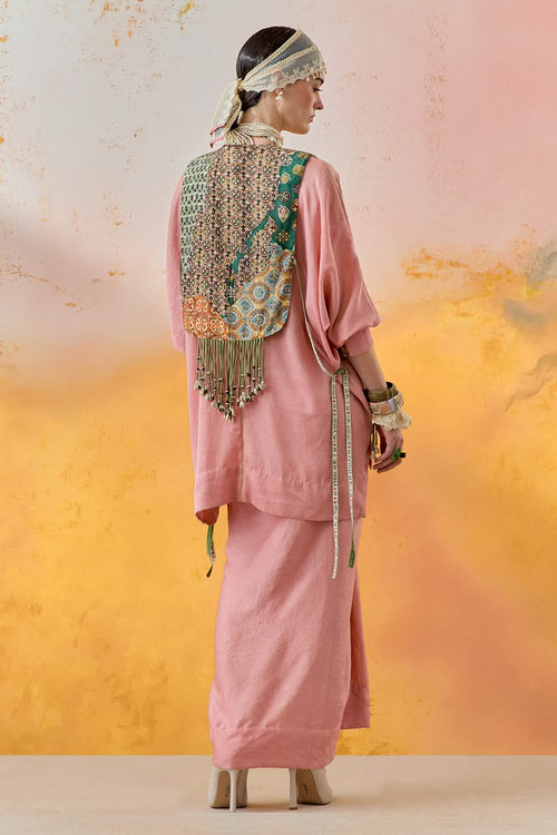Shell Pink Mural Zuri Gilet with Kurta and Skirt Set