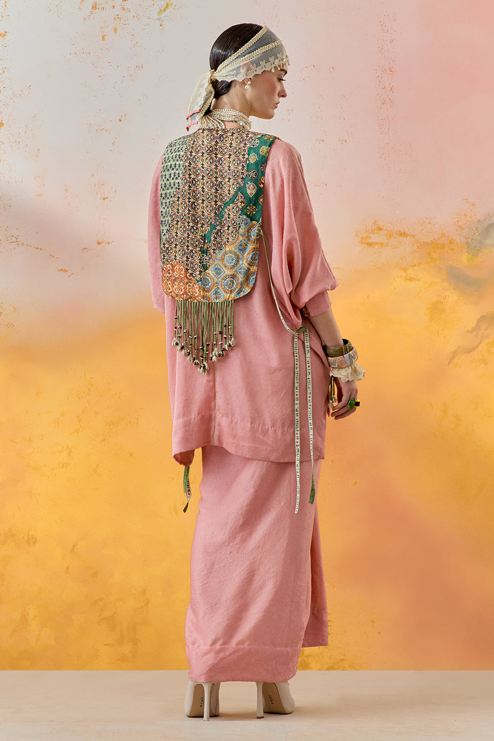 Shell Pink Mural Zuri Gilet with Kurta and Skirt Set