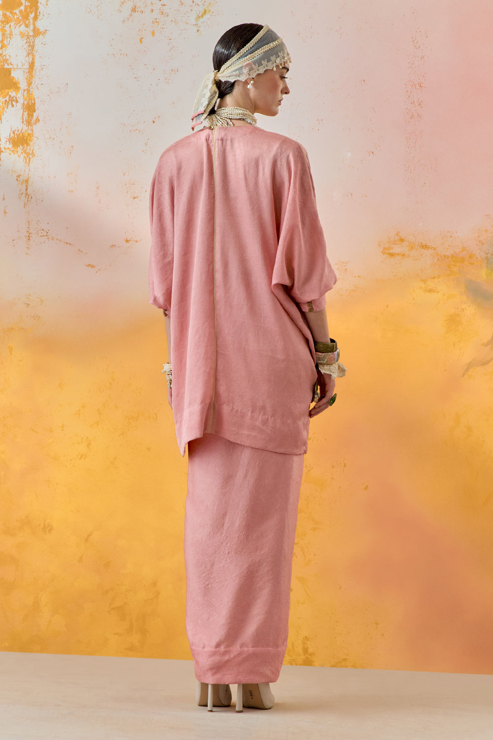 Shell Pink Mural Kuru Trapeze Kurta with Skirt Set