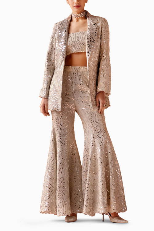 Ivory Mirrorwork Scallop Coat Jacket with Bandeau & Sharara