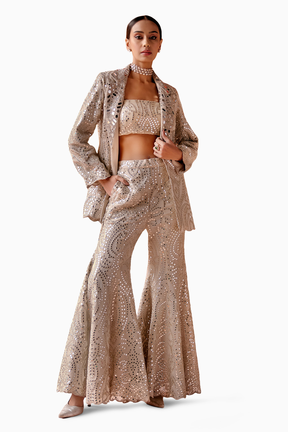 Ivory Mirrorwork Scallop Coat Jacket with Bandeau & Sharara