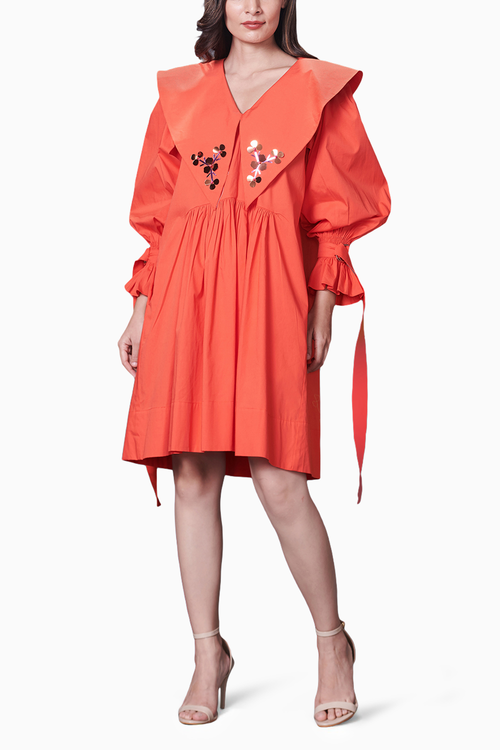 Orange Collar Embroidered Dress