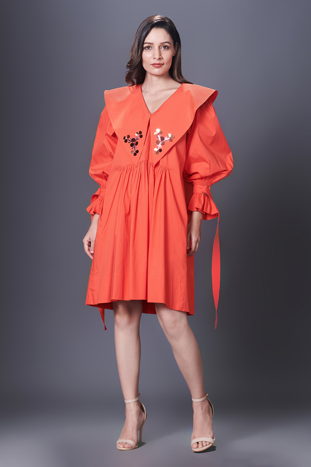 Orange Sailor Collar Embroidered Dress