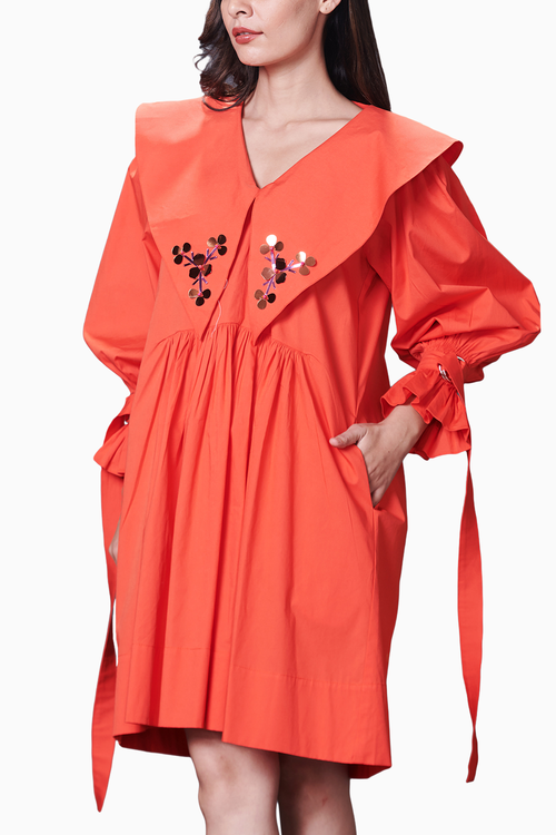 Orange Collar Embroidered Dress