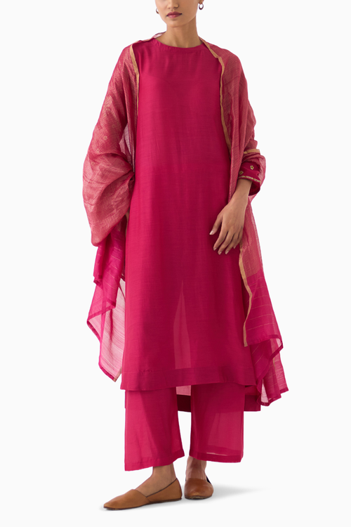 Rani Pink Zari Stripped Chanderi Dupatta