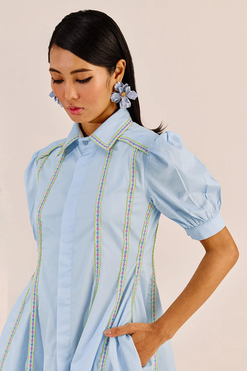 Powder Blue Puff-Sleeve A-Line Dress