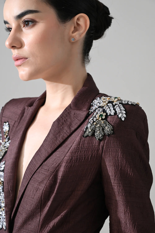 Tailored Wine Coat Dress With Hand-Embroidered Detail