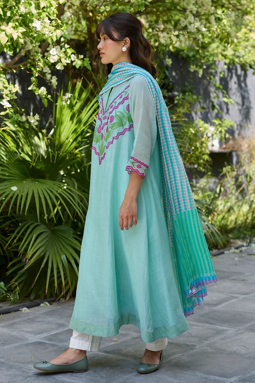 Pomegranate Trail Blue Embroidered Kurta Set With Dupatta