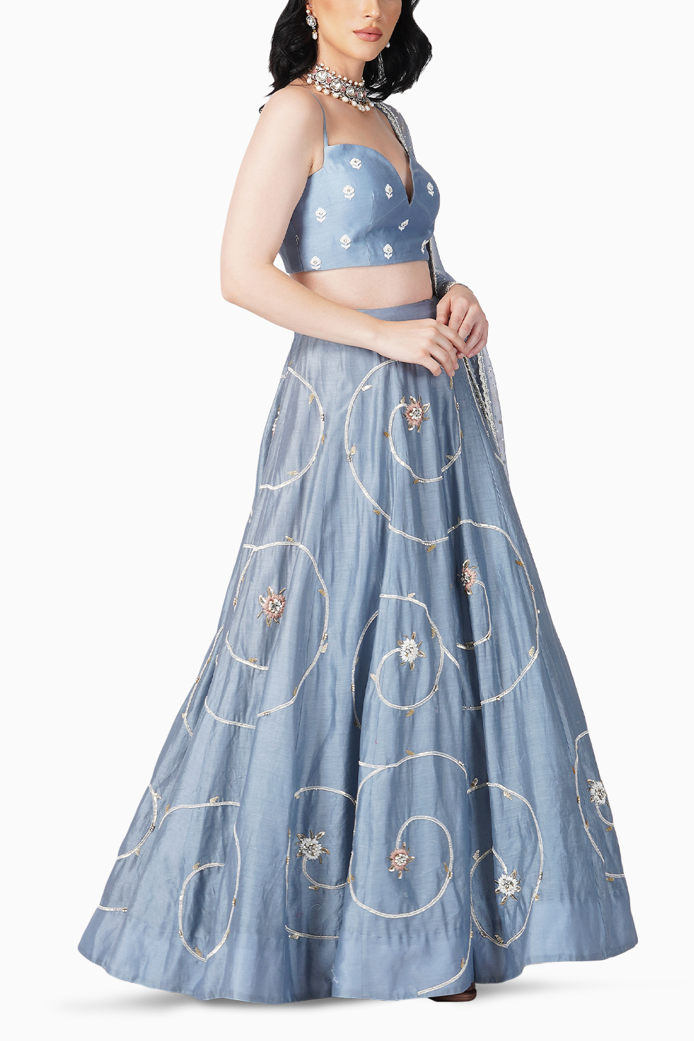 Baroque Flower Pigeon Blue Lehenga Set