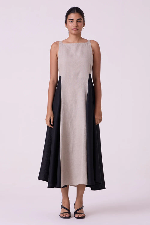 Weasley Beige Linen Panelled Midi Dress