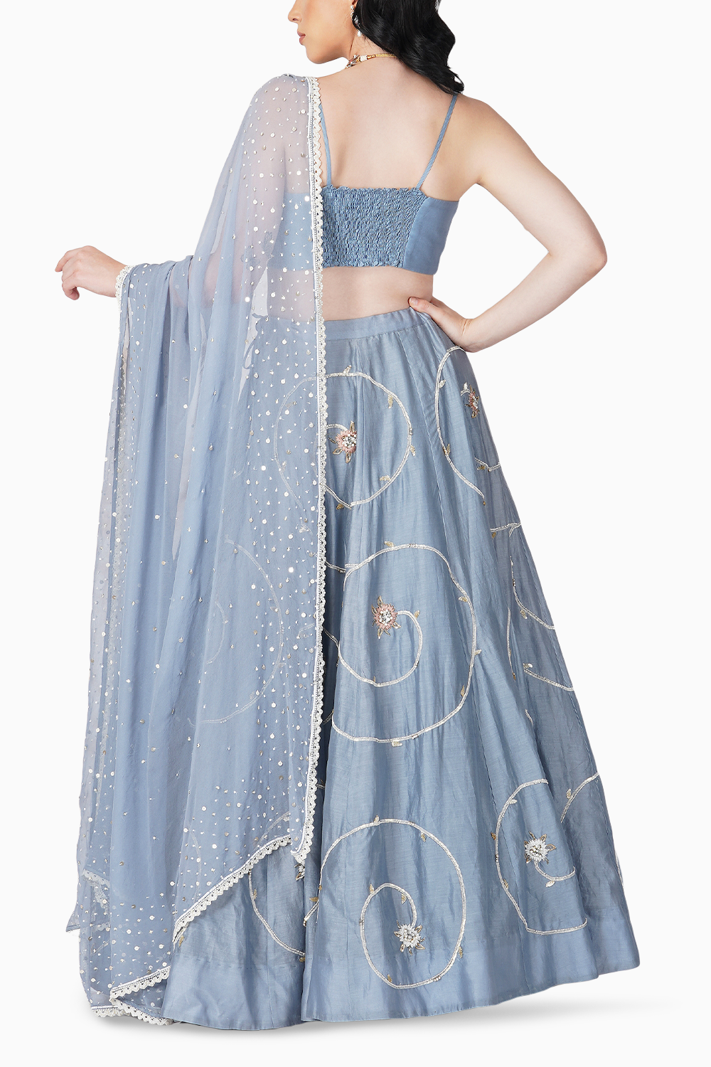 Baroque Flower Pigeon Blue Lehenga Set