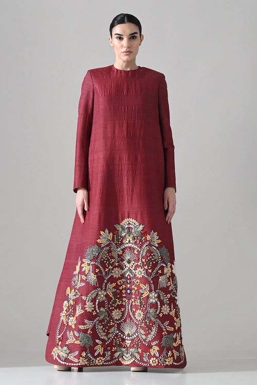 Crimson Structured Embroidered Long Dress