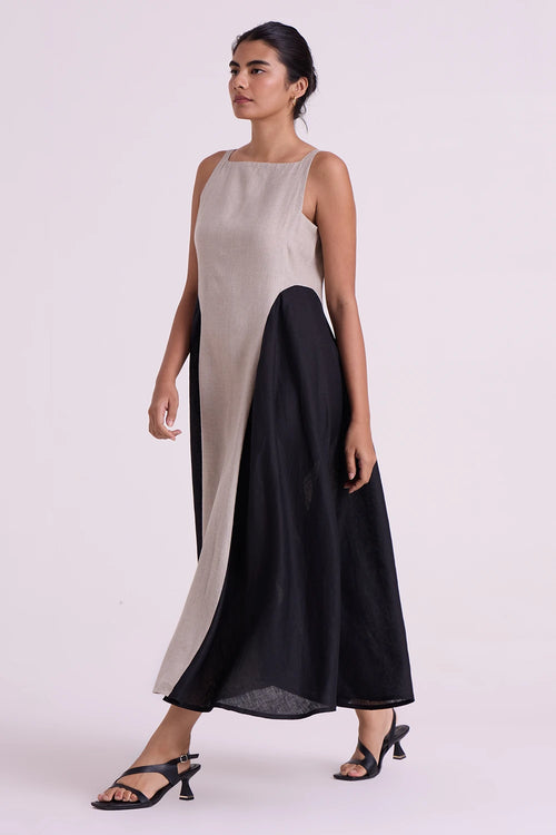 Weasley Beige Linen Panelled Midi Dress