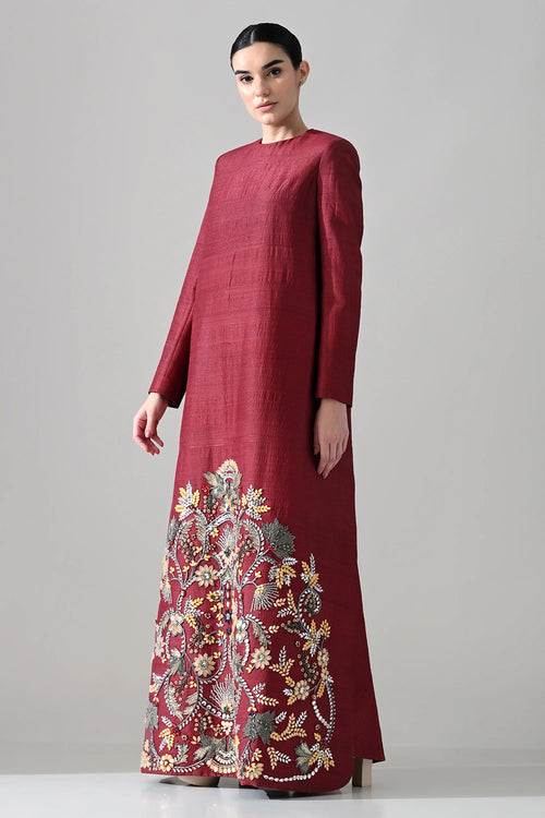 Crimson Structured Embroidered Long Dress