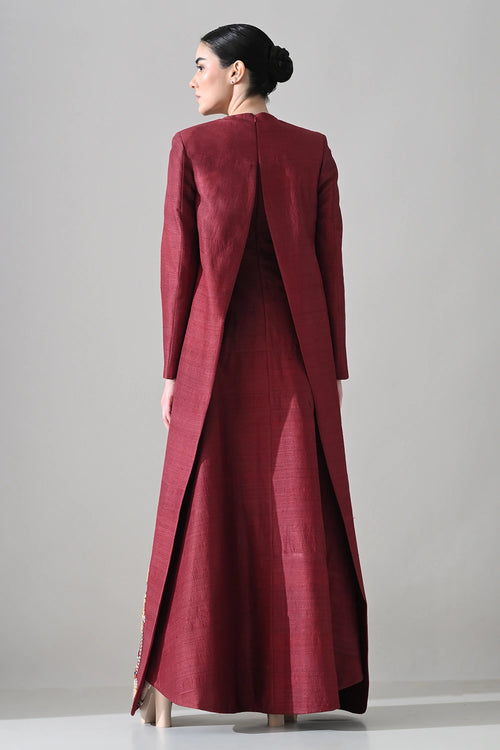 Crimson Structured Embroidered Long Dress