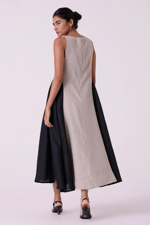 Weasley Beige Linen Panelled Midi Dress