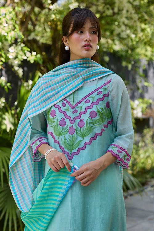 Pomegranate Trail Blue Embroidered Kurta Set With Dupatta