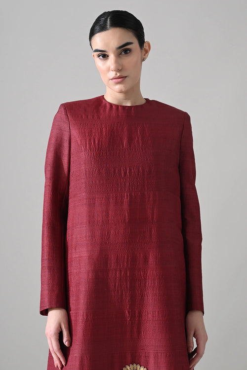 Crimson Structured Embroidered Long Dress