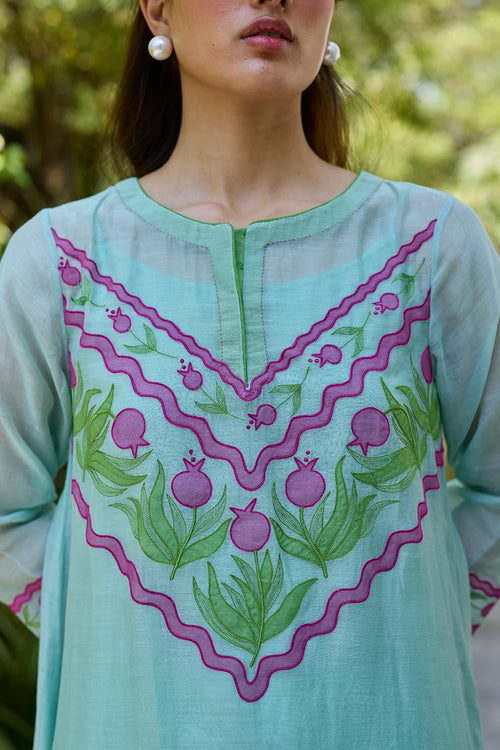 Pomegranate Trail Blue Embroidered Kurta Set With Dupatta