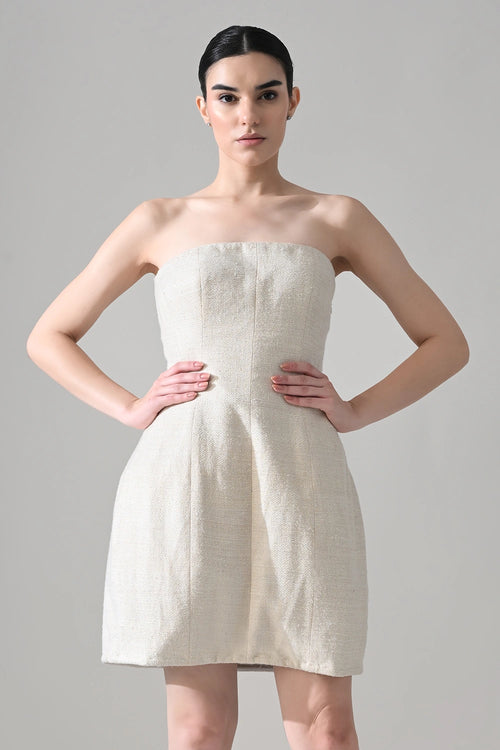 Ivory Textured Short Dress With Black Embroidered Bolero Jacket