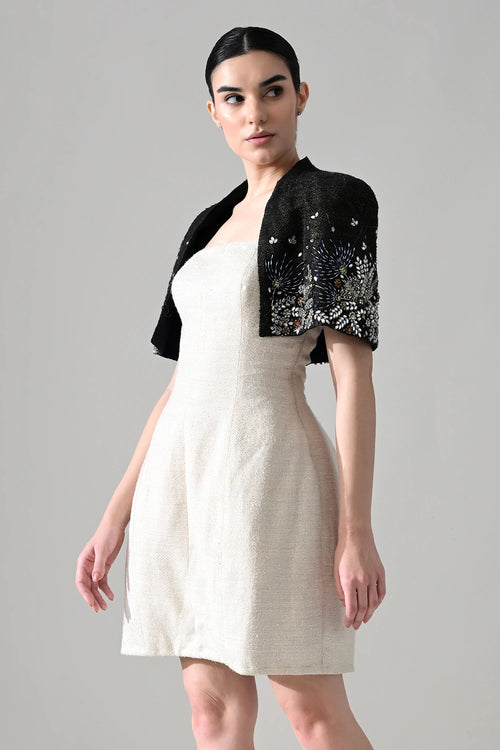 Ivory Textured Short Dress With Black Embroidered Bolero Jacket