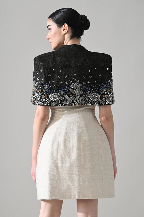 Ivory Textured Short Dress With Black Embroidered Bolero Jacket