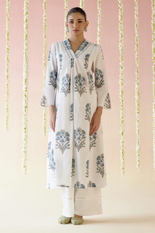 Pearl Blue Buta Kurta with Wide Leg Pants
