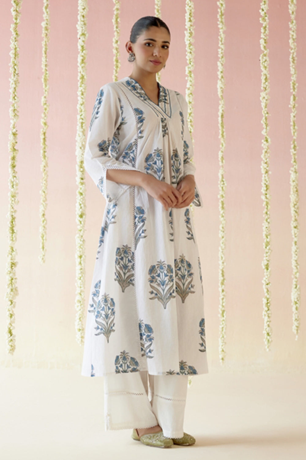 Pearl Blue Buta Kurta with Wide Leg Pants