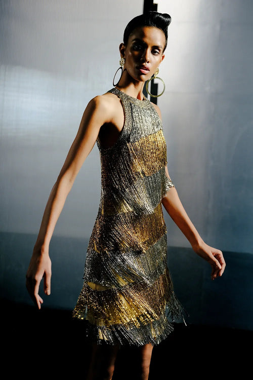 Gold-Silver Sequin & Bugle Bead Embellished Dress