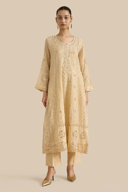 Beige Kalidar Set With Kamdani Embroidery Aborned With Moti And Mirror Work