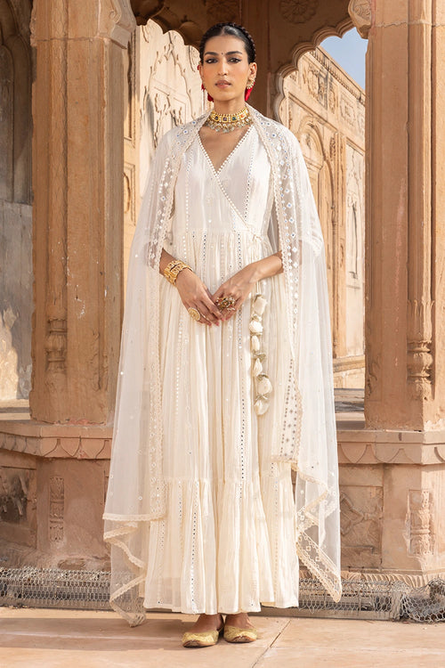 Off White Criss Cross Angrakha with Embroidered Dupatta