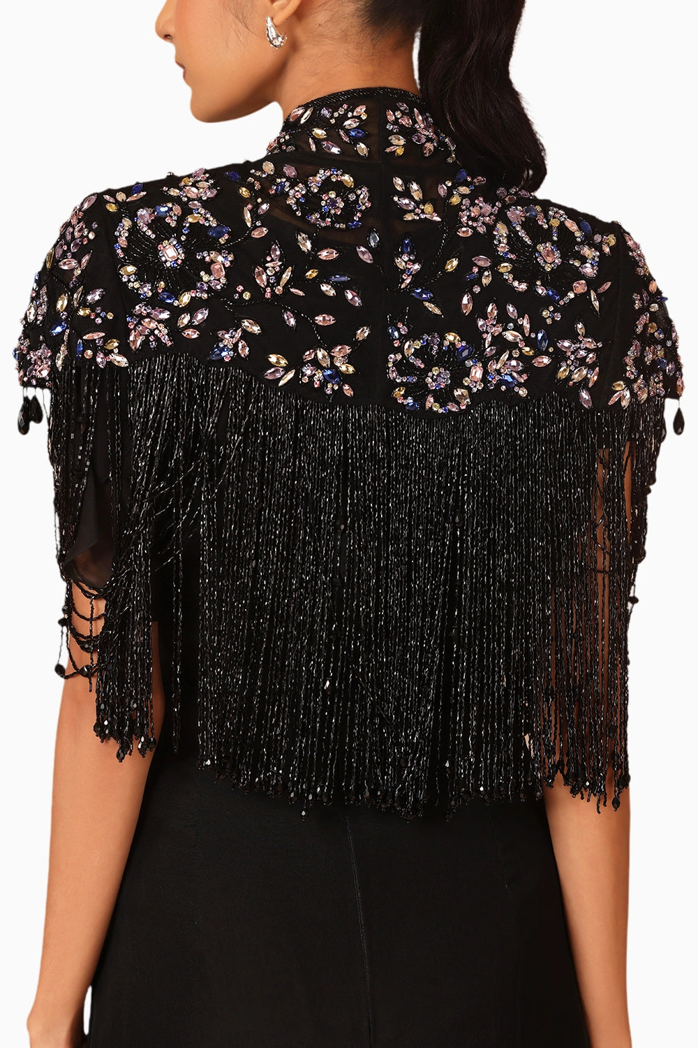 Black Drape Fringe Cape With Chiffon Dress