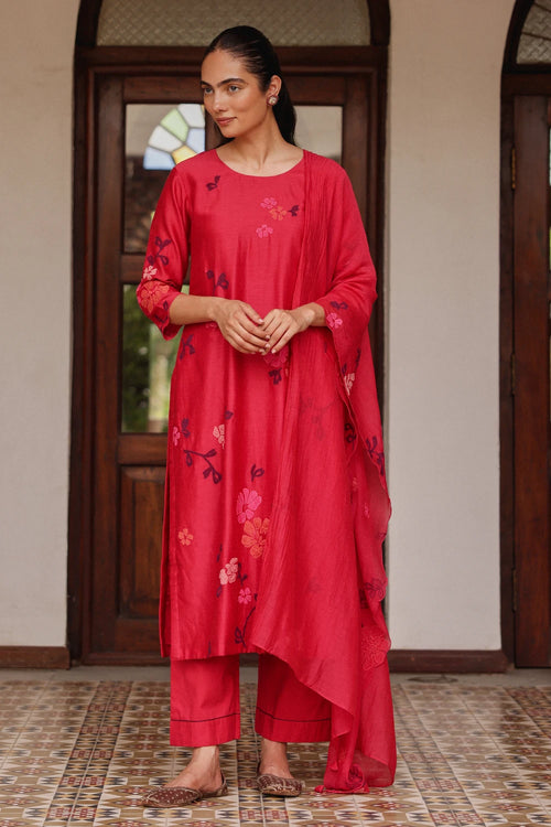 Rosewood Silk Applique Kurta Set