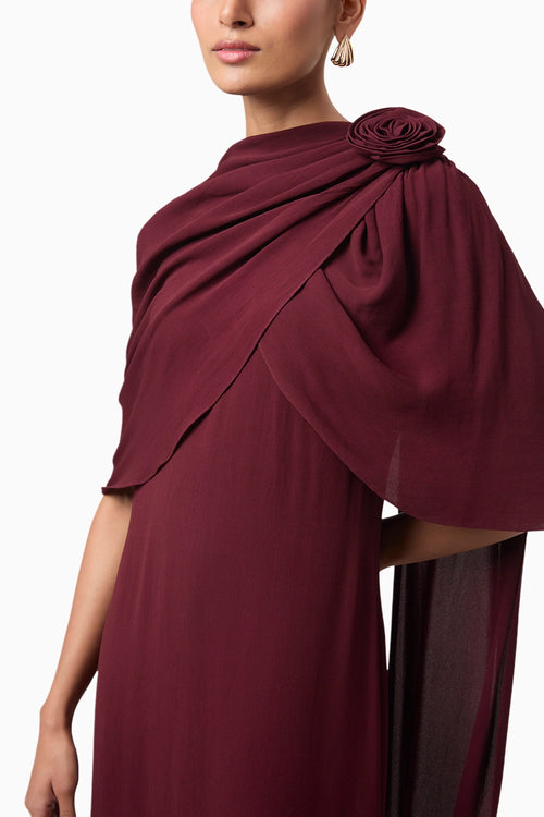Wine Rosette Draped Shoulder Gown