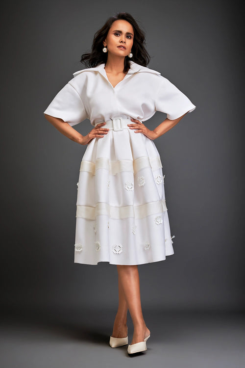 White Verdant Whisper Belted Midi Dress