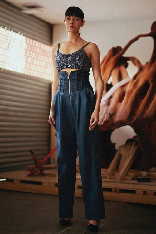 Prussian 3D Knit Embellished Bralette with Denim Corset Pants