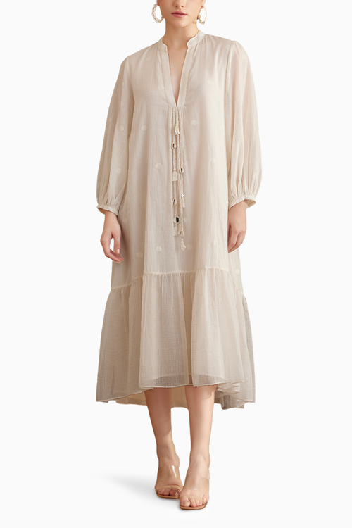 Cream Hand Braided Tassels Tier Long Dress