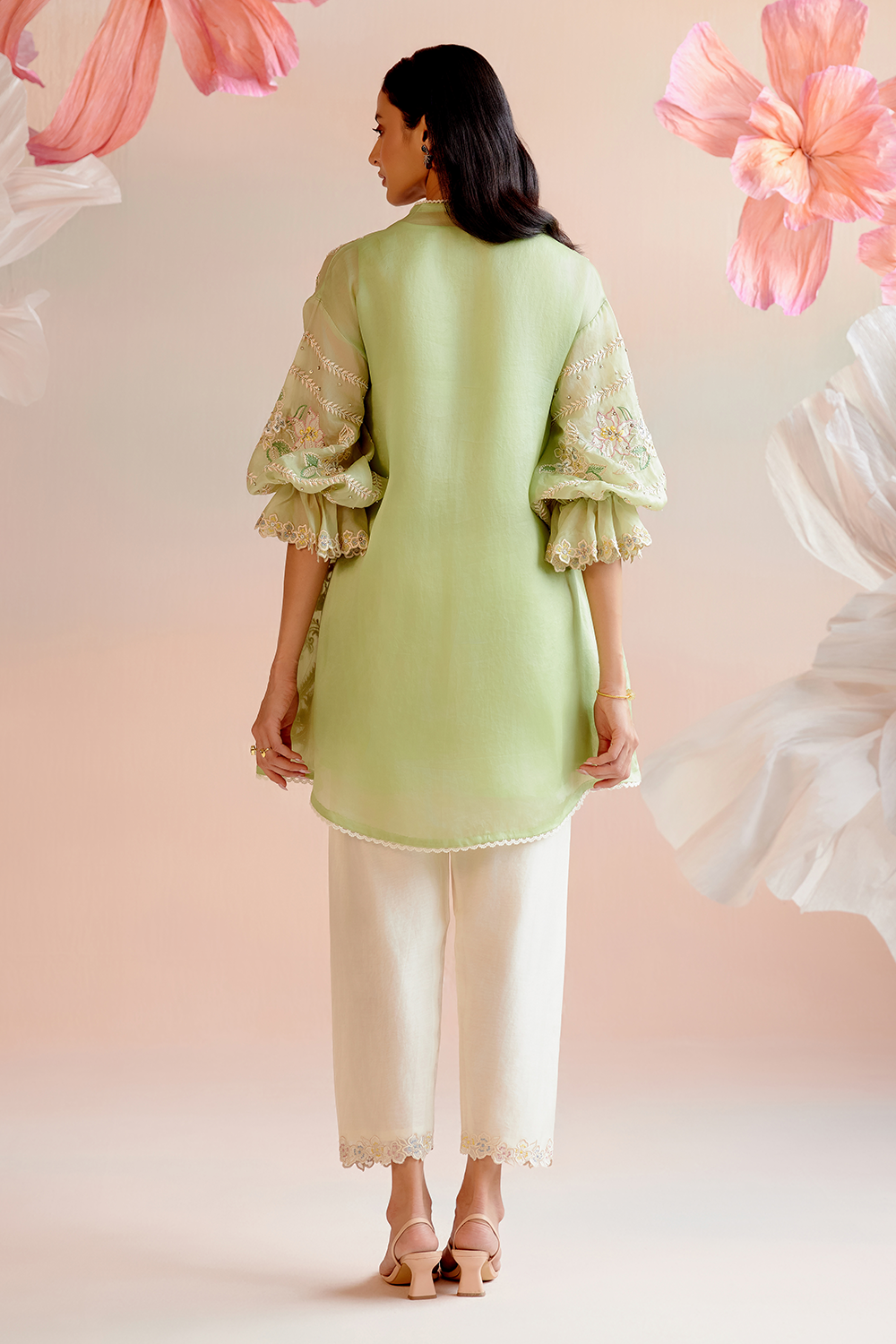 Mint Green Contrast Embroidered Tunic with Pant