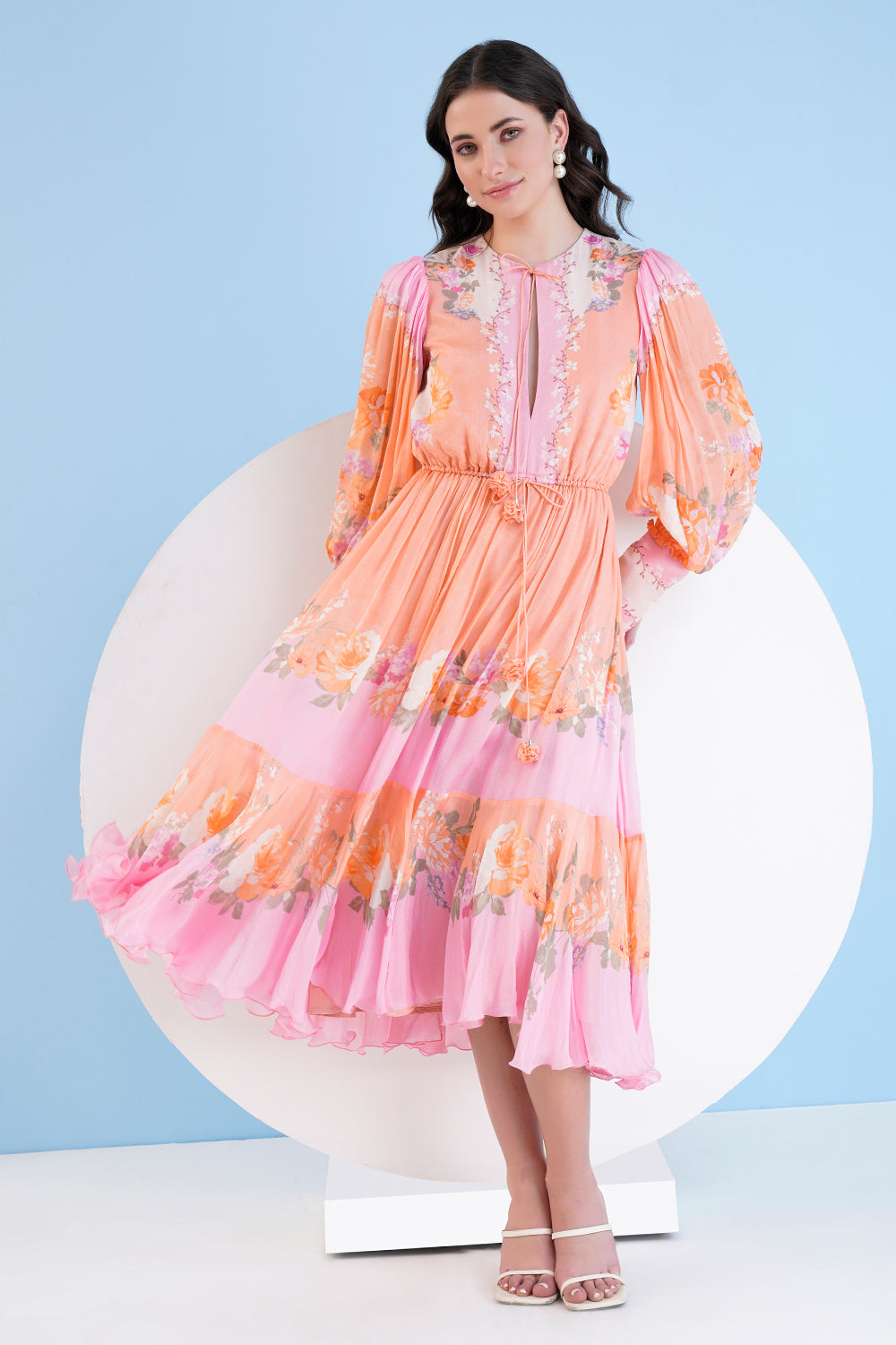 Orange Corsage Printed Calf Length Chiffon Dress