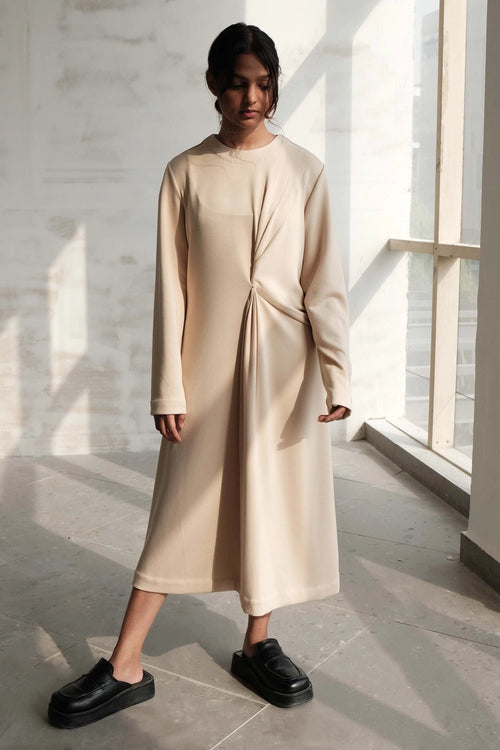 Off White Knotted Pleat Comfort Dress