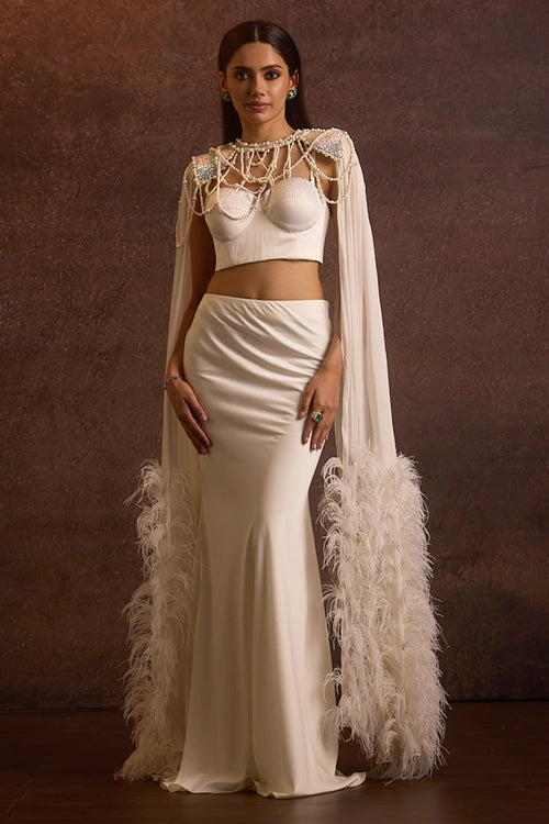 Seher White Feathered Cape, Bralette And Bias Fishcut Skirt
