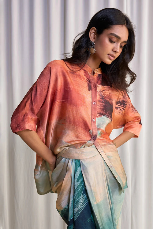 Abstract Brushstroke Print Boxy Shirt And Skirt Set