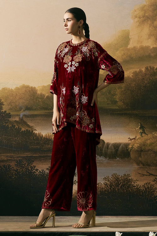 Cherry Red Metallic Short Kurta With Pants