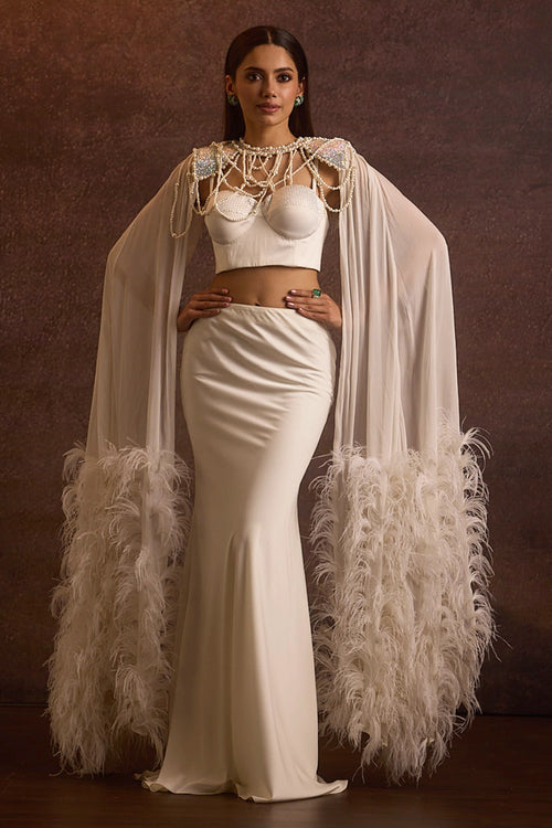 Seher White Feathered Cape, Bralette And Bias Fishcut Skirt