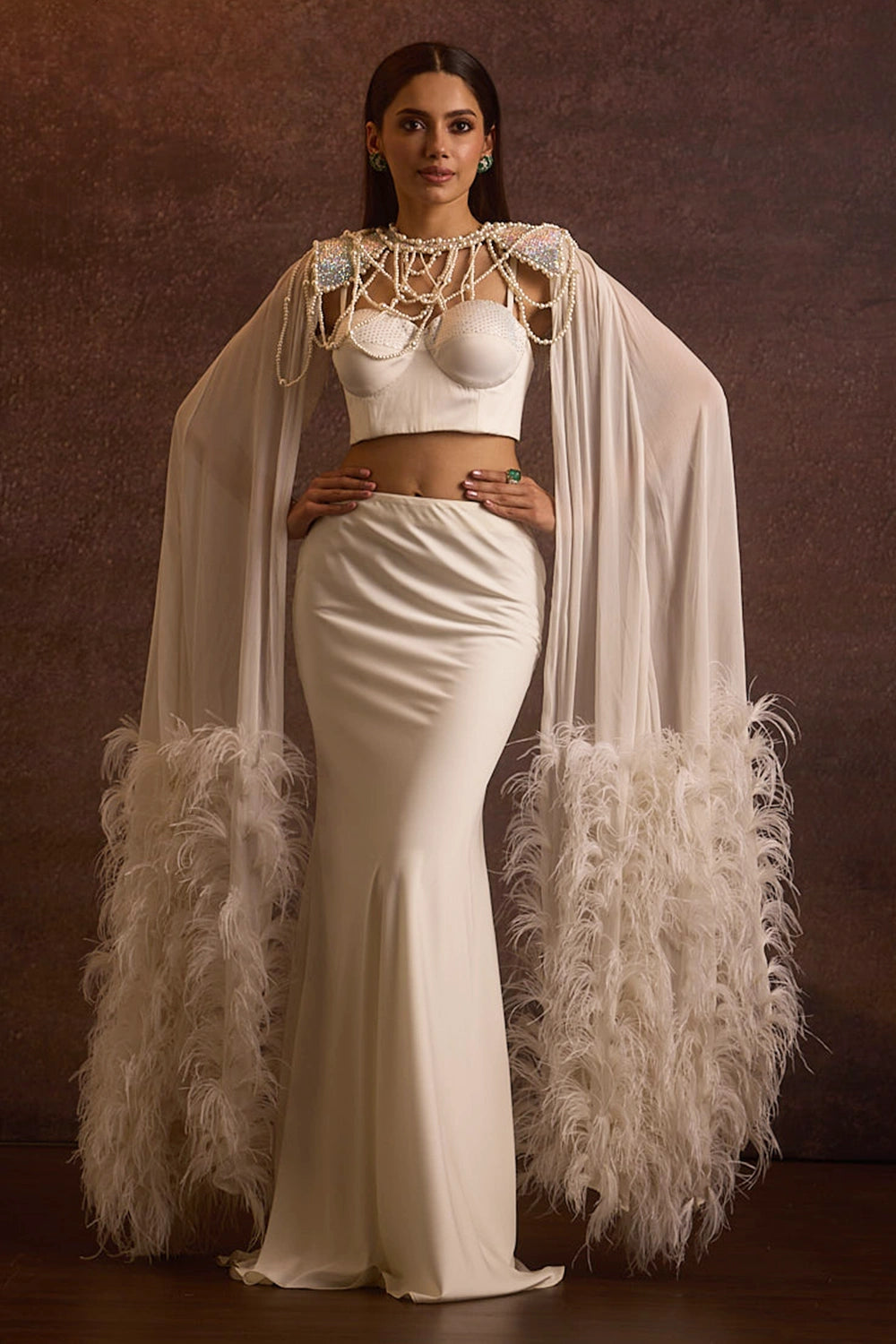 Seher White Feathered Cape, Bralette And Bias Fishcut Skirt