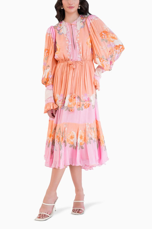 Orange Corsage Printed Calf Length Chiffon Dress